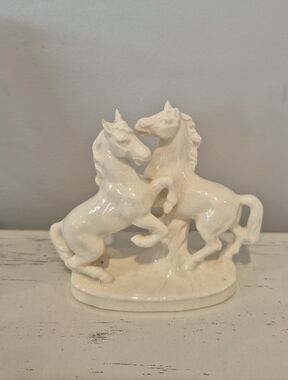 White Ceramic Two-Horse Sculpture - Home Art